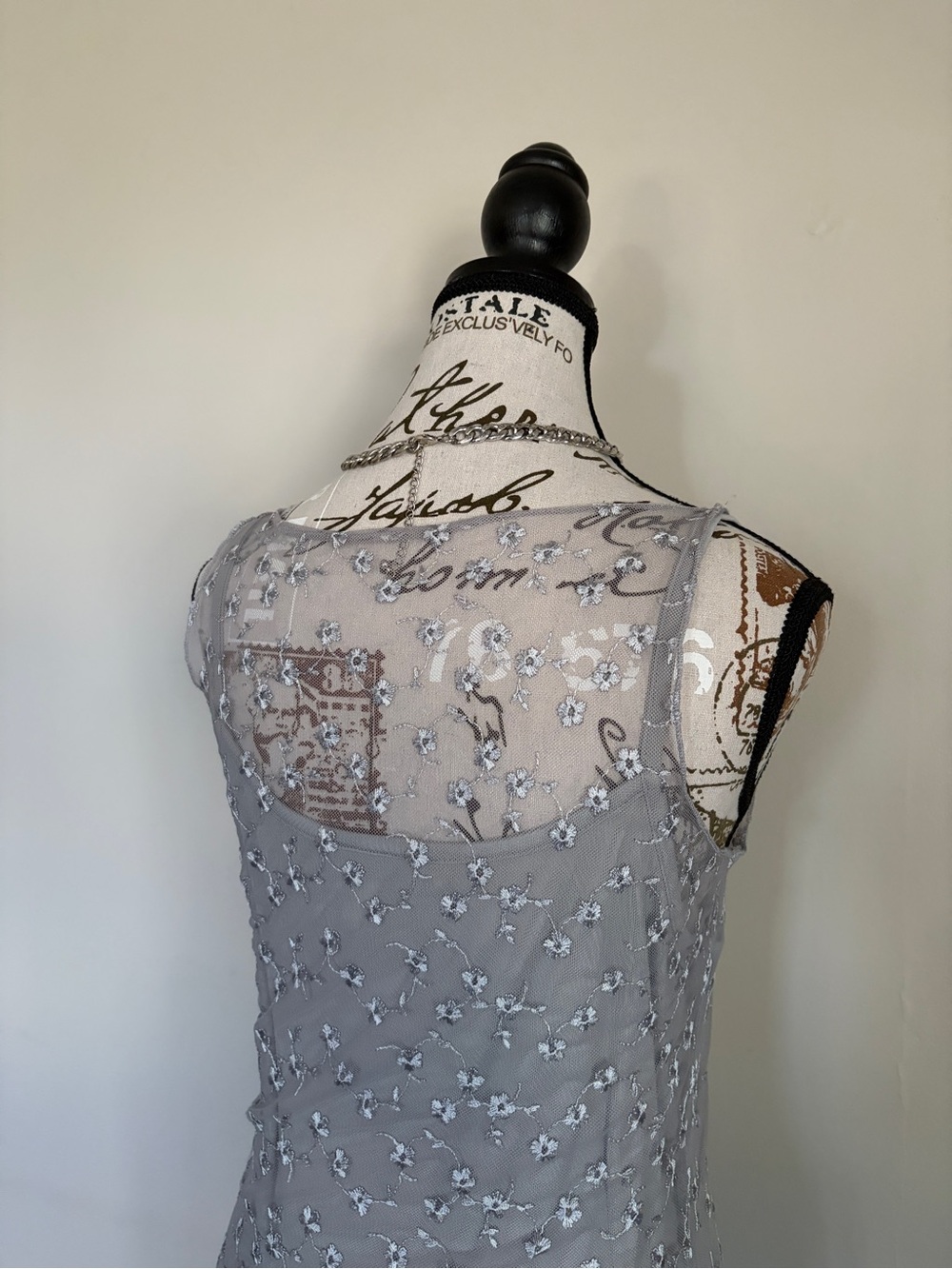 Vintage 90s Romantic Silver Grey Floral Embroidered Sheer Mesh Midi Dress - Picture 6 of 12